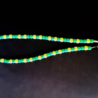 Green and Yellow Beaded Glasses Chain. For sale online by Aksêptuhns in South Africa.