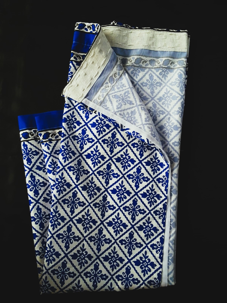 Traditional African Curtain. Njeti pattern. Blue and White. For sale online by Aksêptuhns in South Africa